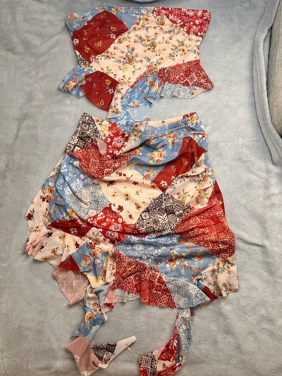 SHEIN Dresses & Skirts - SHEIN Patchwork Bandana Crop Top & Skirt Set in Red, Blue & Cream